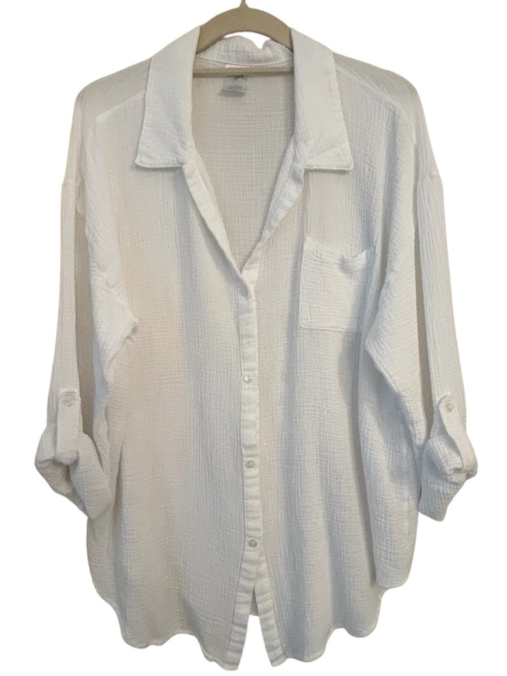 Kona Sol White Cotton Gauze Button-Up Shirt with Tab Sleeves Size Large
